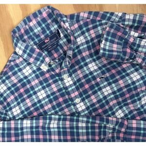 Vineyard Vines Kids Boys Large‎ 16 Pink Blue Plaid Whale Flannel Button Down